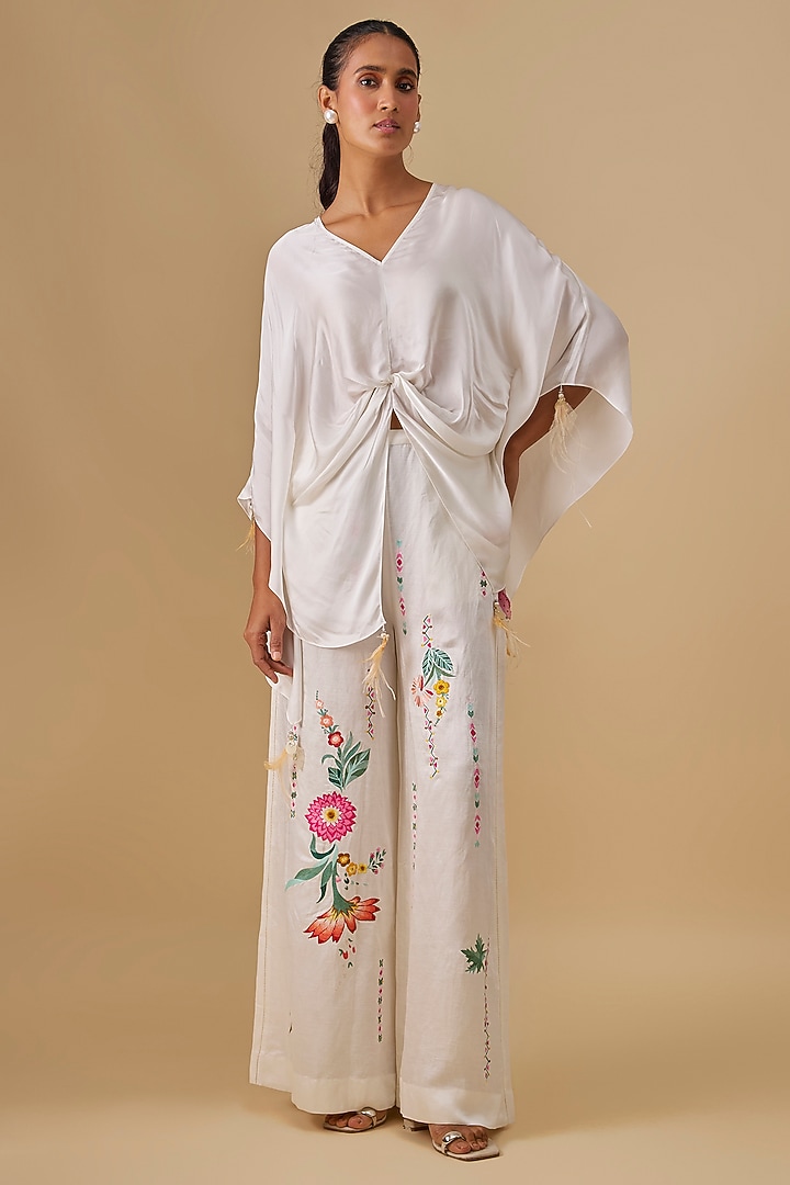 Ivory Blended Linen Trousers by Dilnaz Karbhary at Pernia's Pop Up Shop