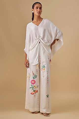 Ivory Blended Linen Trousers by Dilnaz Karbhary