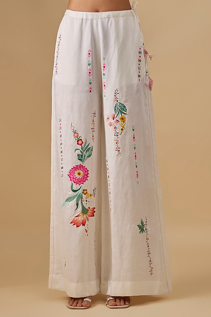 Ivory Blended Linen Trousers by Dilnaz Karbhary at Pernia's Pop Up Shop
