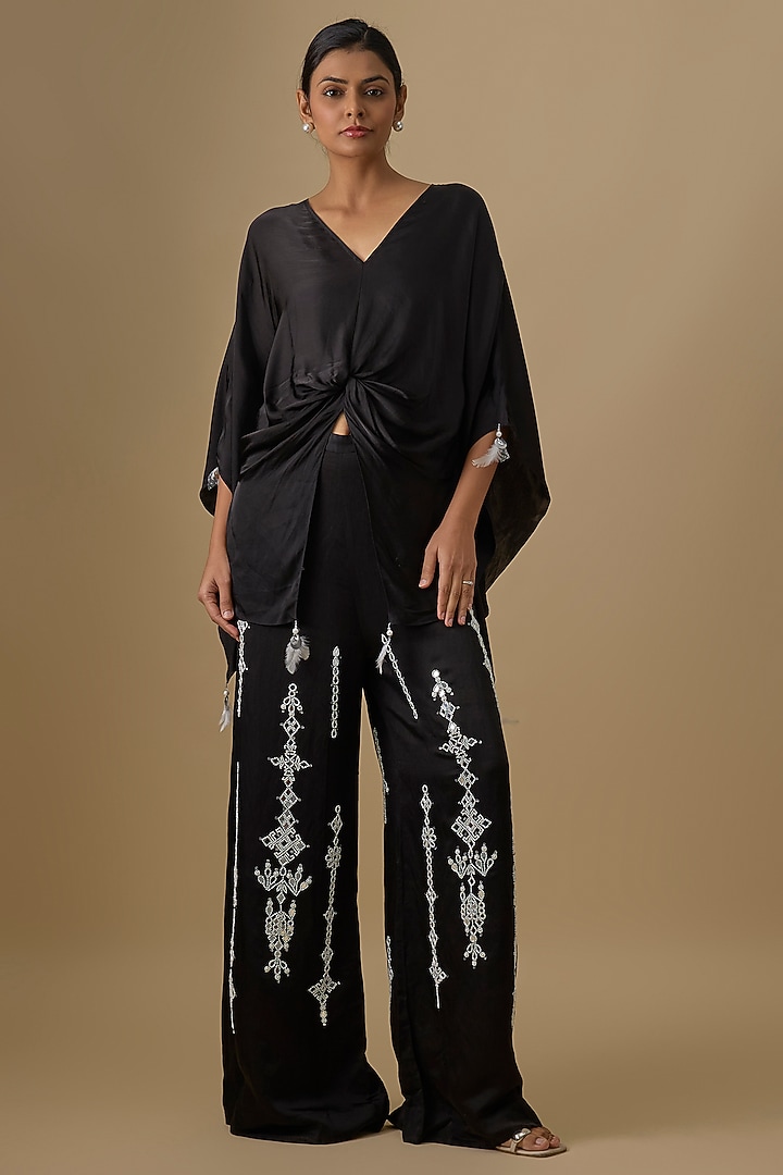 Black Blended Linen Mirror Work Trousers by Dilnaz Karbhary at Pernia's Pop Up Shop