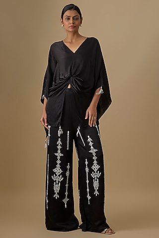 Black Blended Linen Mirror Work Trousers by Dilnaz Karbhary