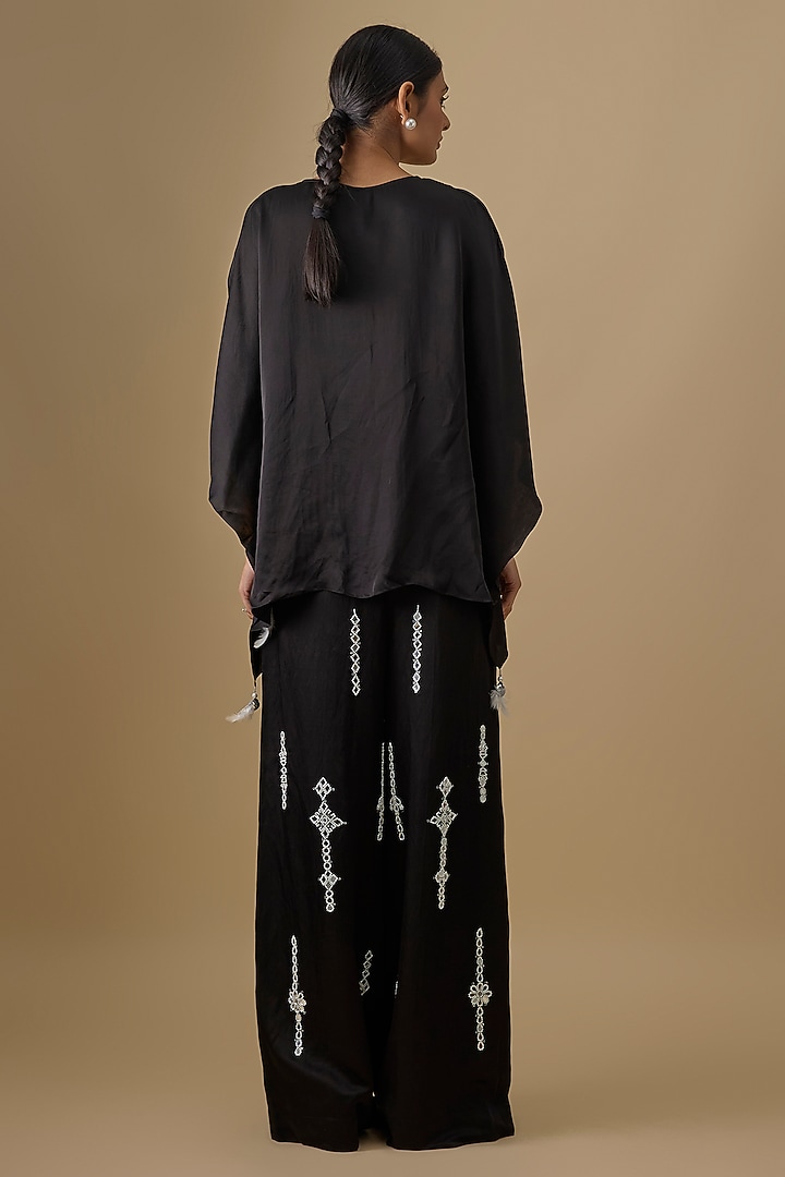 Black Blended Linen Mirror Work Trousers by Dilnaz Karbhary at Pernia's Pop Up Shop