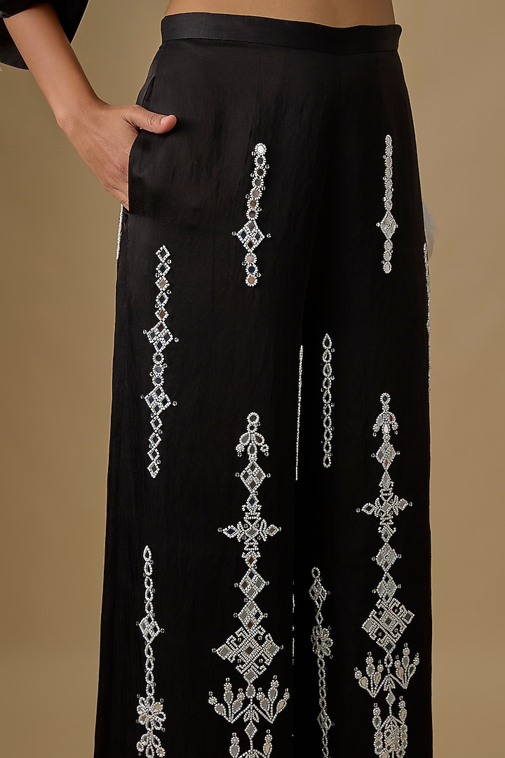 Black Blended Linen Mirror Work Trousers by Dilnaz Karbhary at Pernia's Pop Up Shop
