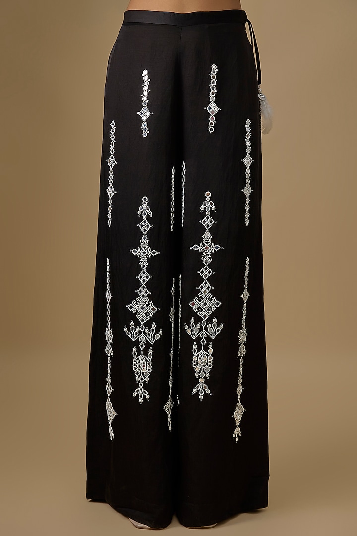 Black Blended Linen Mirror Work Trousers by Dilnaz Karbhary at Pernia's Pop Up Shop