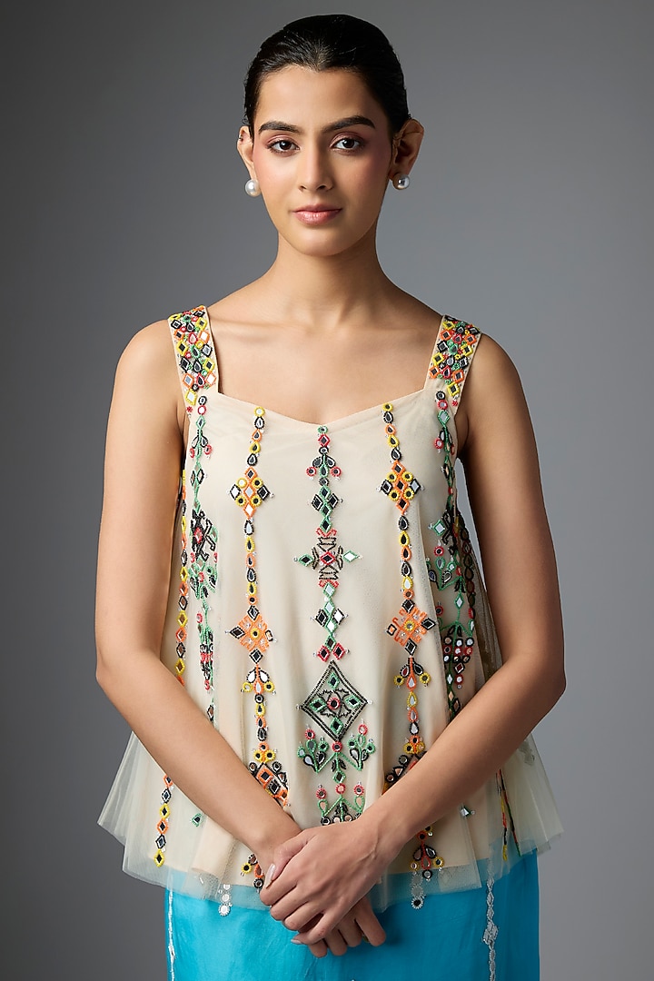 Melon-Colored Net Embroidered Camisole by Dilnaz Karbhary at Pernia's Pop Up Shop