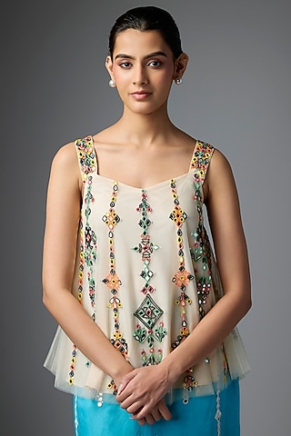 Melon-Colored Net Embroidered Camisole by Dilnaz Karbhary