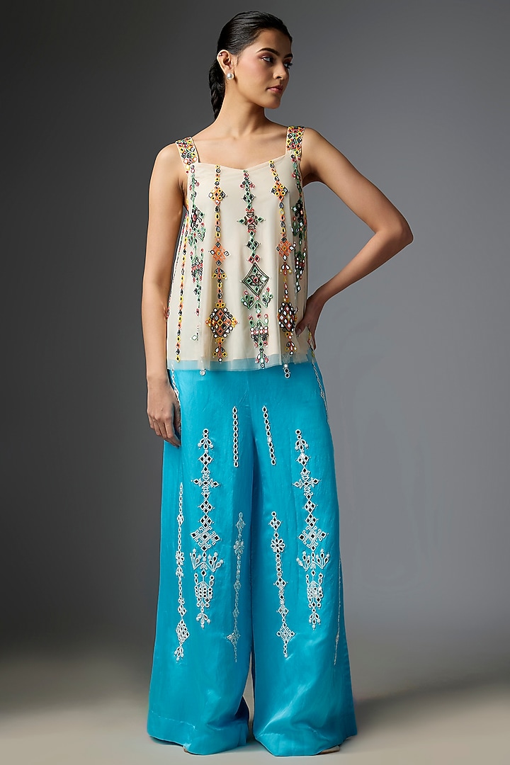 Melon-Colored Net Embroidered Camisole by Dilnaz Karbhary at Pernia's Pop Up Shop
