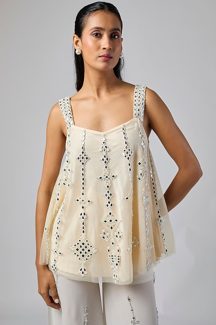 Melon Net & Poly Mirror Embroidered Camisole Top by Dilnaz Karbhary at Pernia's Pop Up Shop