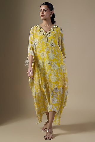 Yellow Georgette Printed Kaftan by Dilnaz Karbhary