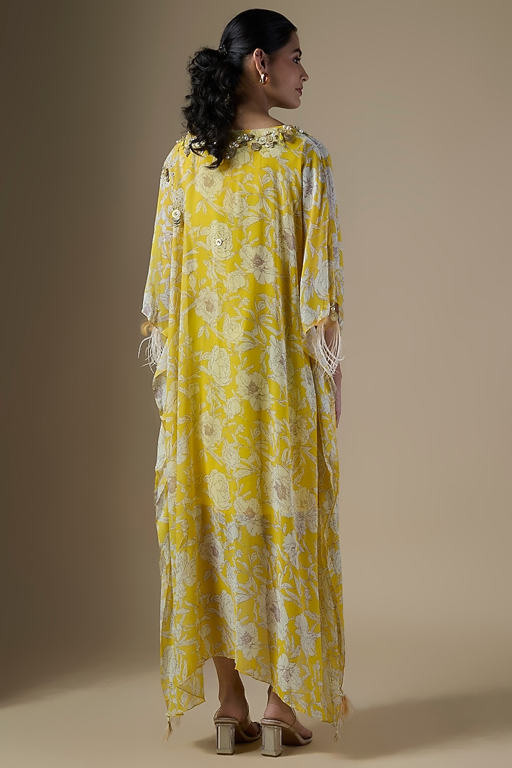 Yellow Georgette Printed Kaftan by Dilnaz Karbhary at Pernia's Pop Up Shop