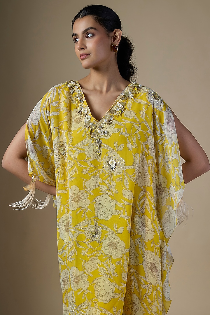 Yellow Georgette Printed Kaftan by Dilnaz Karbhary at Pernia's Pop Up Shop