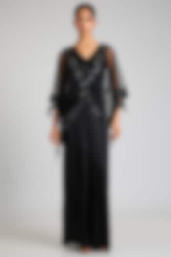 Black Blended Satin Jumpsuit With Kaftan by Dilnaz Karbhary at Pernia's Pop Up Shop