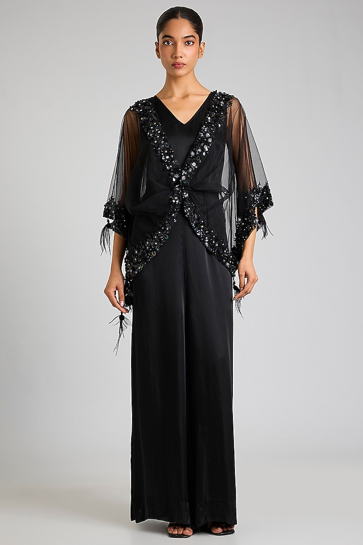 Black Blended Satin Jumpsuit With Kaftan by Dilnaz Karbhary at Pernia's Pop Up Shop