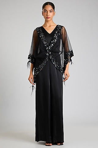 Black Blended Satin Jumpsuit With Kaftan by Dilnaz Karbhary