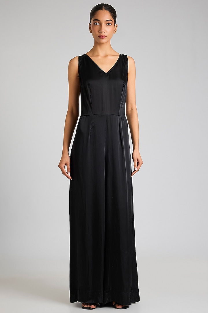Black Blended Satin Jumpsuit With Kaftan by Dilnaz Karbhary at Pernia's Pop Up Shop