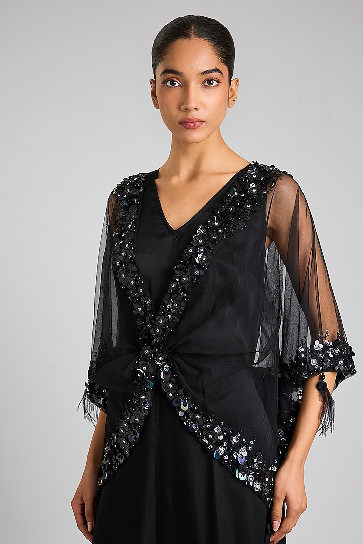 Black Blended Satin Jumpsuit With Kaftan by Dilnaz Karbhary at Pernia's Pop Up Shop
