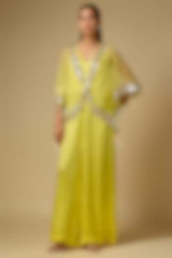 Lemon Blended Satin Jumpsuit With Kaftan by Dilnaz Karbhary at Pernia's Pop Up Shop