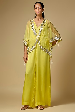 Lemon Blended Satin Jumpsuit With Kaftan by Dilnaz Karbhary