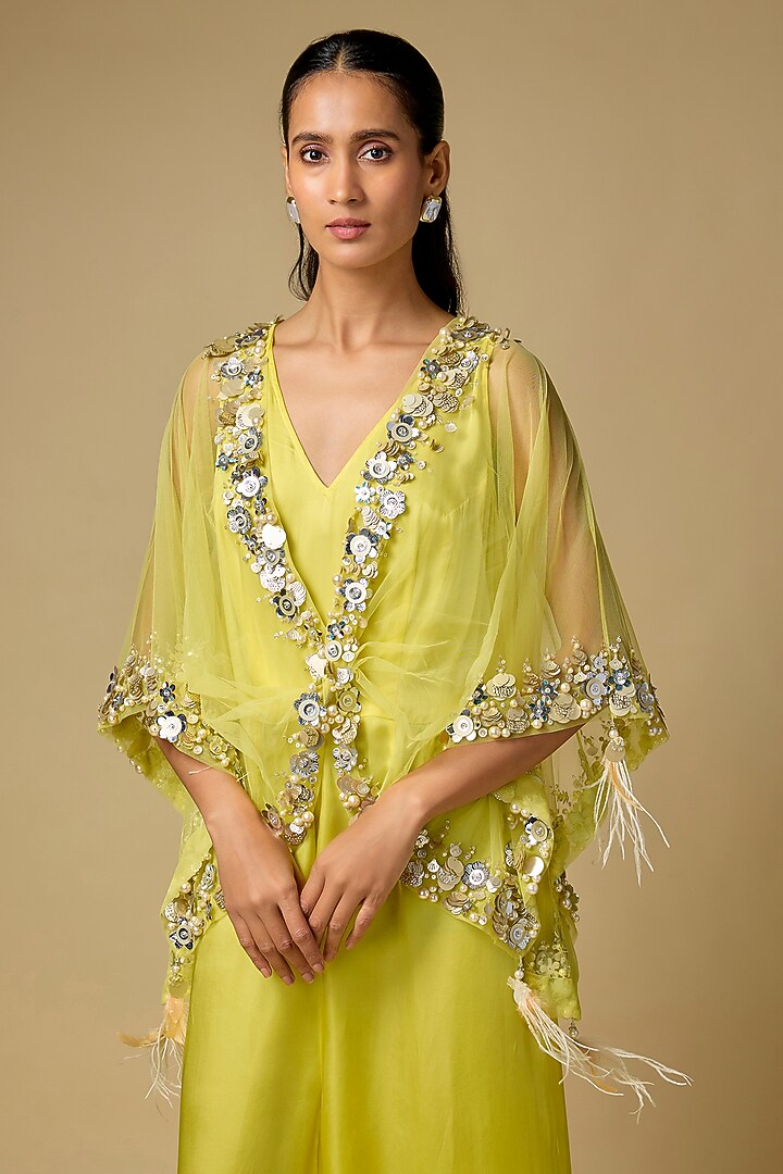Lemon Blended Satin Jumpsuit With Kaftan by Dilnaz Karbhary at Pernia's Pop Up Shop