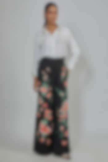 Black Blended Linen Embroidered Trousers by Dilnaz Karbhary at Pernia's Pop Up Shop