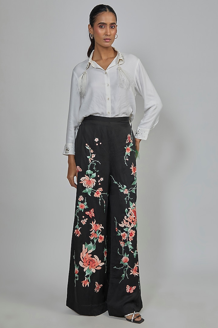 Black Blended Linen Embroidered Trousers by Dilnaz Karbhary at Pernia's Pop Up Shop