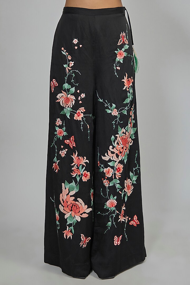 Black Blended Linen Embroidered Trousers by Dilnaz Karbhary at Pernia's Pop Up Shop
