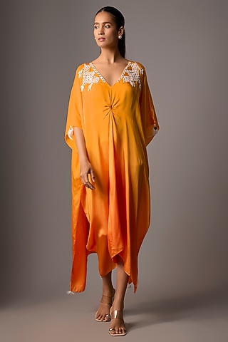 Chrome Saffron Blended Satin Embellished Kaftan by Dilnaz Karbhary