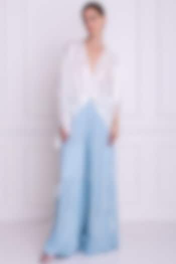 Powder Blue Satin Linen Flared Pants by Dilnaz Karbhary