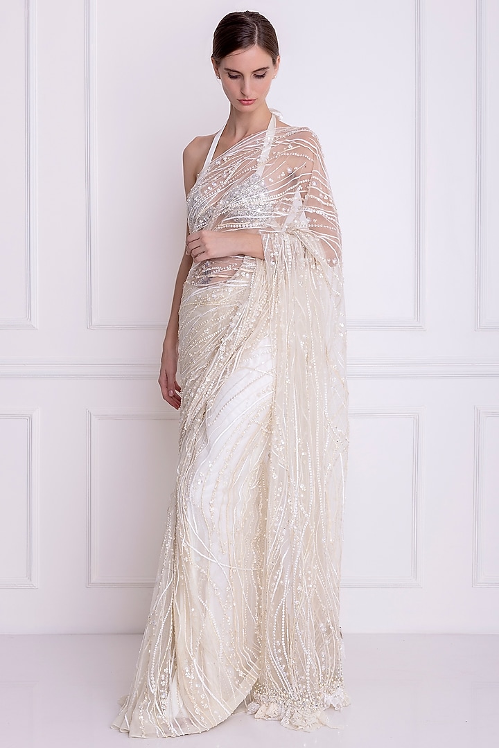 Ivory Embellished Reception Saree by Dilnaz Karbhary at Pernia's Pop Up Shop