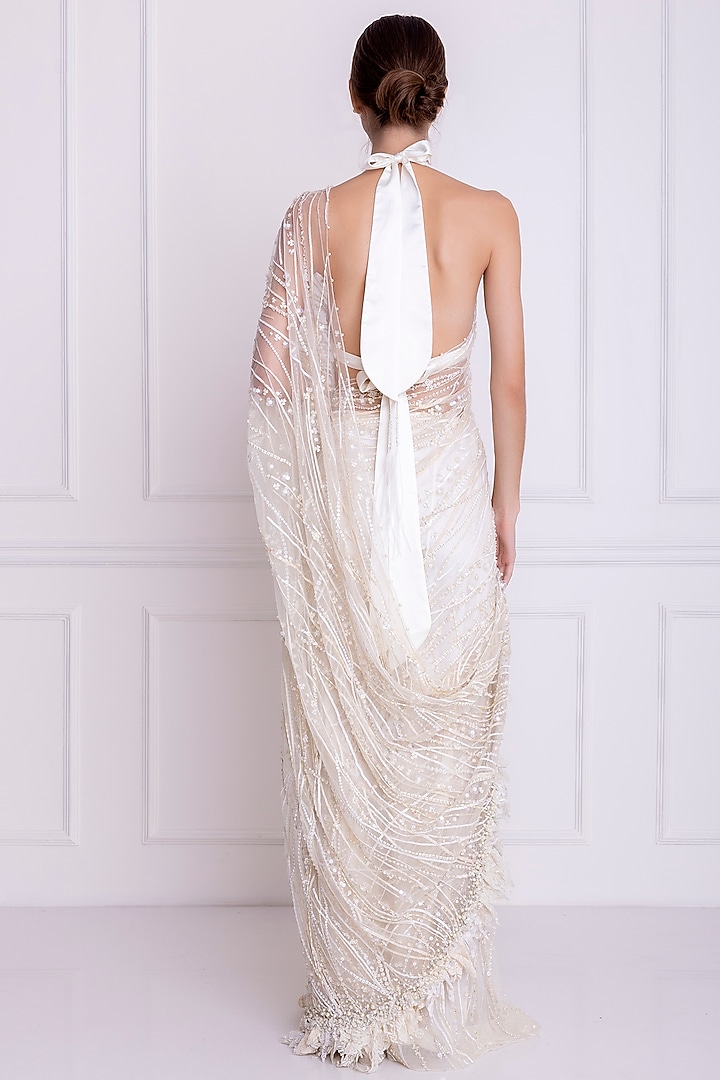 Ivory Embellished Reception Saree by Dilnaz Karbhary at Pernia's Pop Up Shop