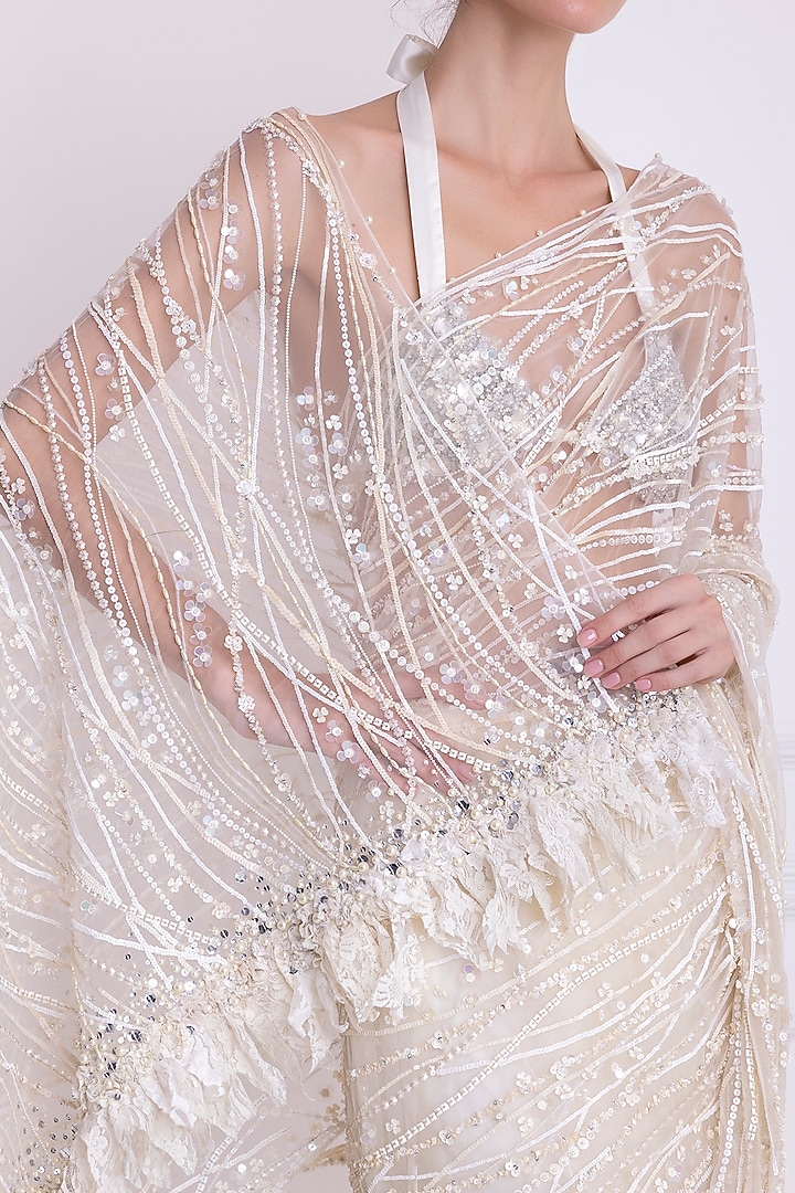 Ivory Embellished Reception Saree by Dilnaz Karbhary at Pernia's Pop Up Shop