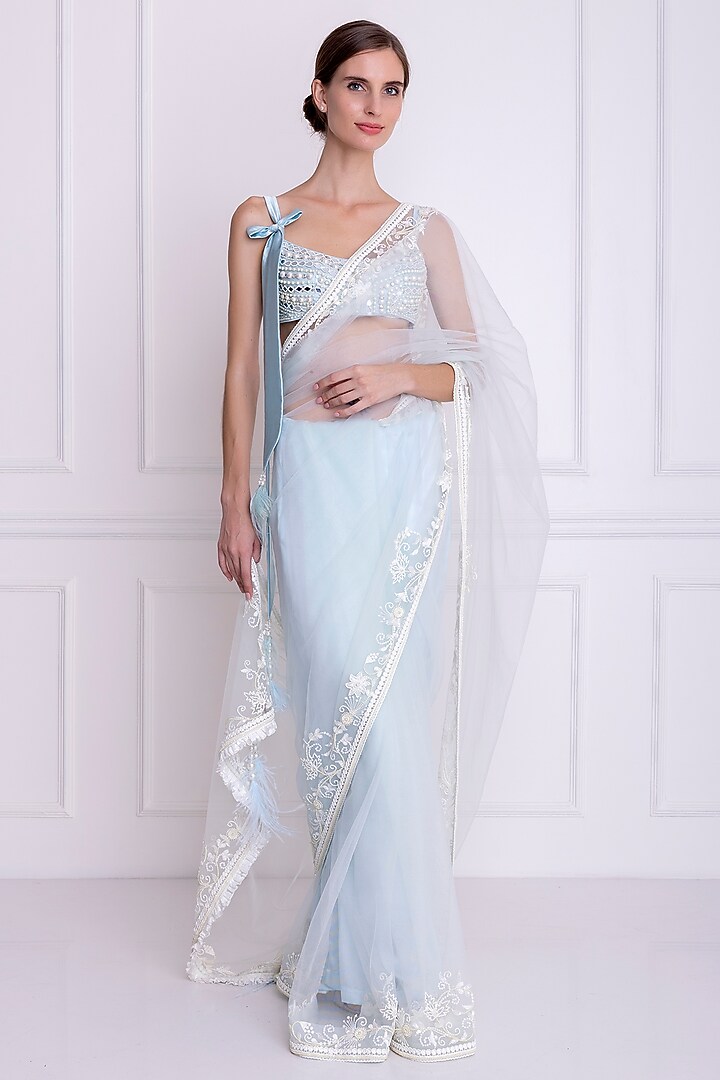 Powder Blue Net Embellished Reception Saree by Dilnaz Karbhary at Pernia's Pop Up Shop