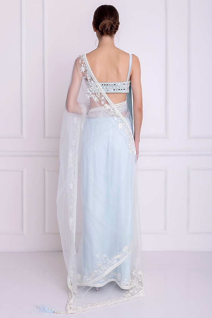 Powder Blue Net Embellished Reception Saree by Dilnaz Karbhary at Pernia's Pop Up Shop