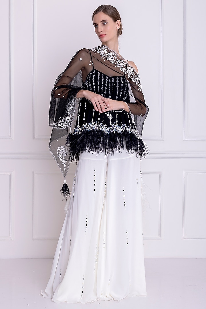 Black Net Embroidered Stole by Dilnaz Karbhary