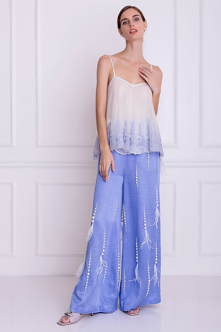 Periwinkle Linen Embellished Pants by Dilnaz Karbhary