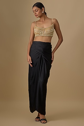 Black Blended Satin Draped Wrap Skirt by Dilnaz Karbhary