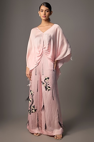 Peach Blended Satin Batwing Kaftan by Dilnaz Karbhary