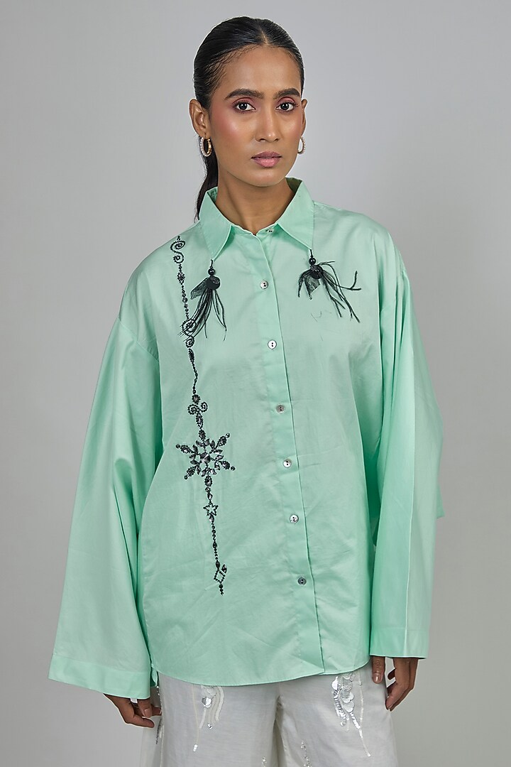 Aqua Blended Cotton Batwing Shirt by Dilnaz Karbhary at Pernia's Pop Up Shop