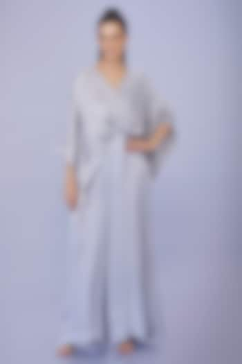 Light Grey Blended Satin Linen Hand Embroidered Kaftan With Jumpsuit by Dilnaz Karbhary at Pernia's Pop Up Shop