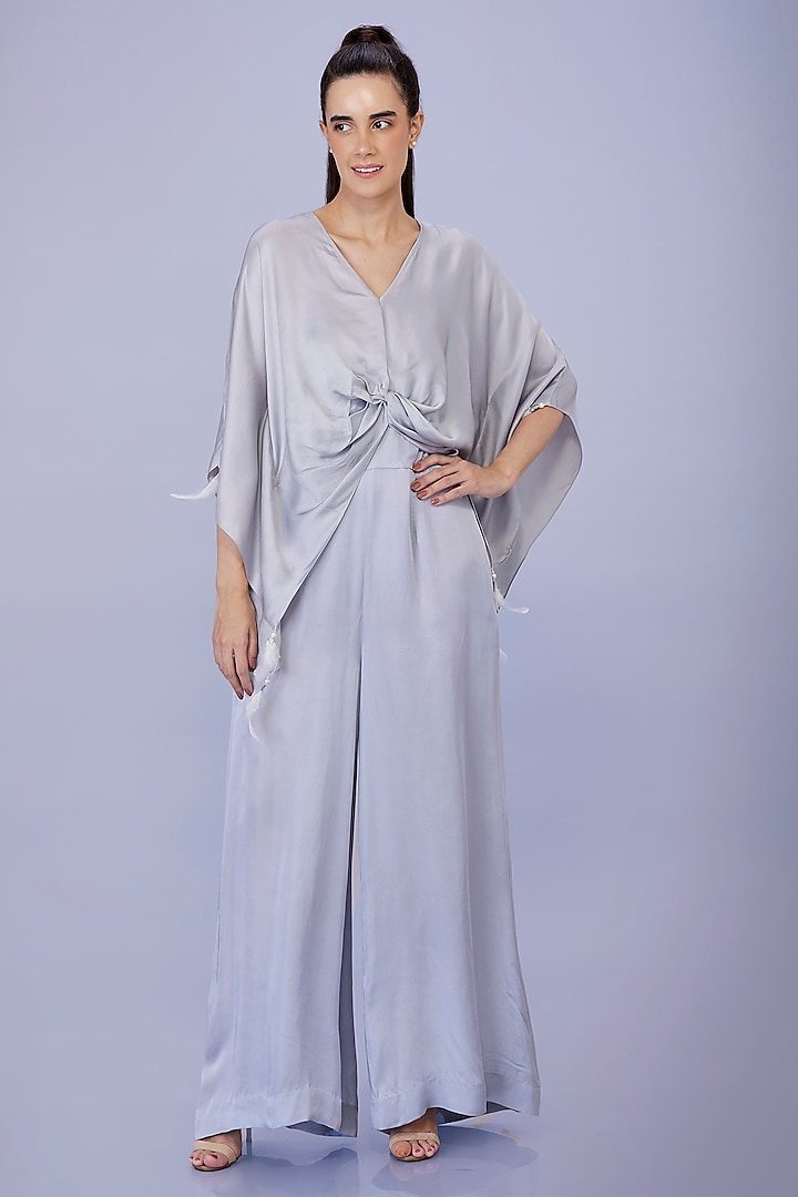 Light Grey Blended Satin Linen Hand Embroidered Kaftan With Jumpsuit by Dilnaz Karbhary at Pernia's Pop Up Shop