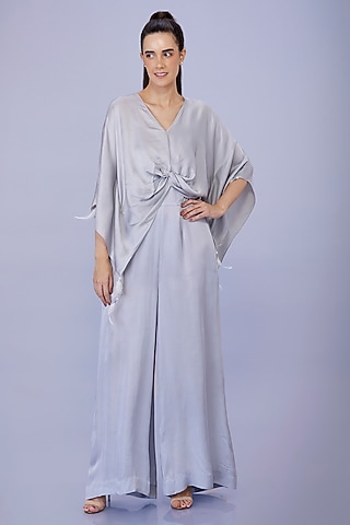 Light Grey Blended Satin Linen Hand Embroidered Kaftan With Jumpsuit by Dilnaz Karbhary