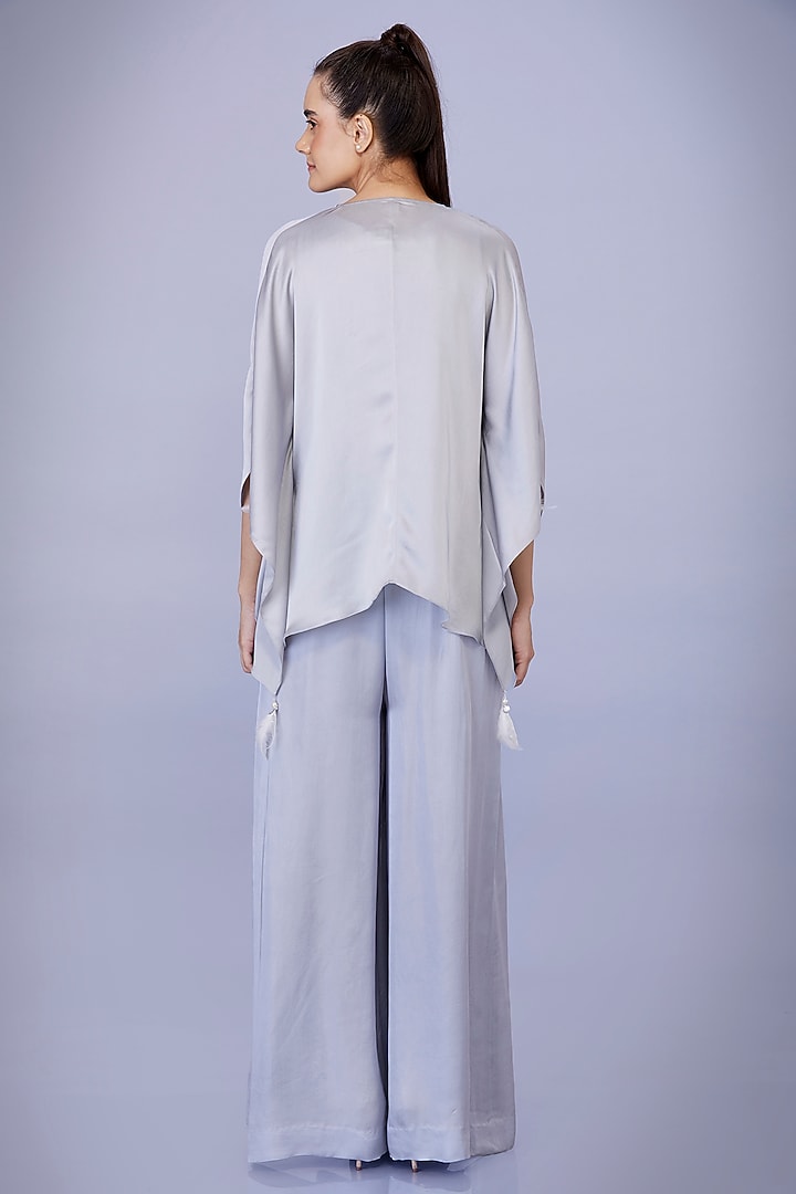 Light Grey Blended Satin Linen Hand Embroidered Kaftan With Jumpsuit by Dilnaz Karbhary at Pernia's Pop Up Shop