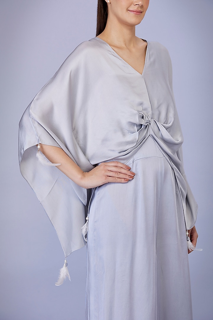 Light Grey Blended Satin Linen Hand Embroidered Kaftan With Jumpsuit by Dilnaz Karbhary at Pernia's Pop Up Shop