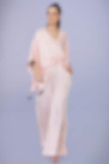 Light Peach Blended Satin Hand Embroidered Kaftan With Jumpsuit by Dilnaz Karbhary at Pernia's Pop Up Shop