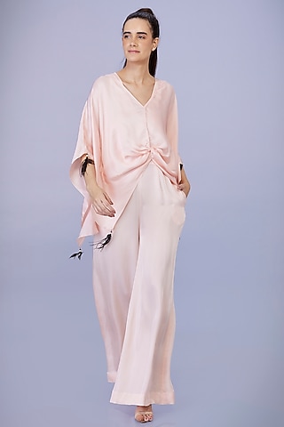 Light Peach Blended Satin Hand Embroidered Kaftan With Jumpsuit by Dilnaz Karbhary