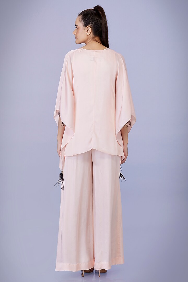 Light Peach Blended Satin Hand Embroidered Kaftan With Jumpsuit by Dilnaz Karbhary at Pernia's Pop Up Shop