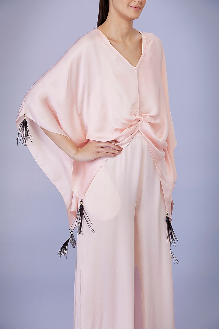 Light Peach Blended Satin Hand Embroidered Kaftan With Jumpsuit by Dilnaz Karbhary at Pernia's Pop Up Shop