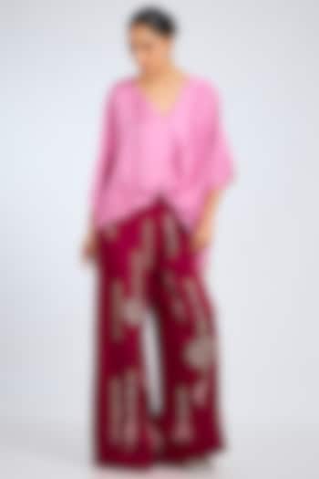 Pop Pink Blended Satin Draped Kaftan by Dilnaz Karbhary at Pernia's Pop Up Shop