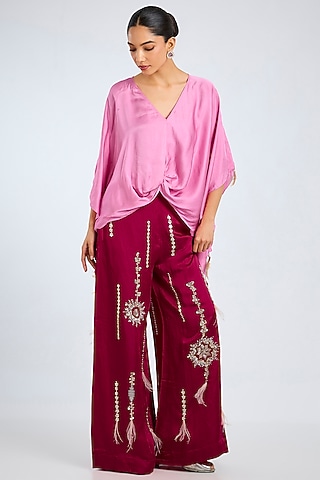 Pop Pink Blended Satin Draped Kaftan by Dilnaz Karbhary