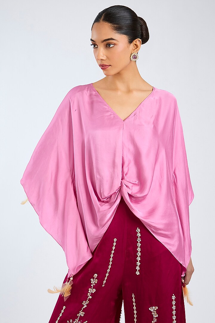 Pop Pink Blended Satin Draped Kaftan by Dilnaz Karbhary at Pernia's Pop Up Shop